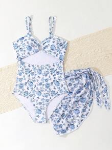 SHEIN 2 Stücke/Set Teenager Mädchen Blumen Muster Bikini & Pareo Rock, Sommer Strand/Urlaub - Blau-Weiß - Übersicht 5