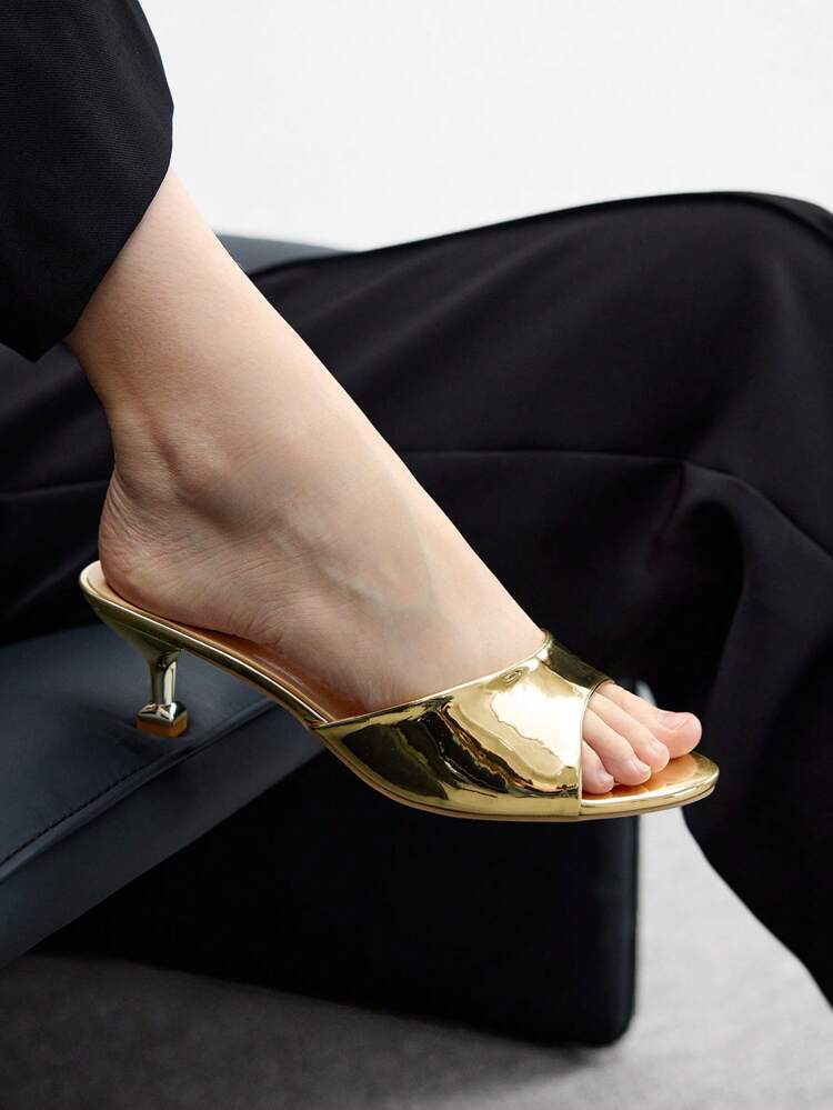 CUCCOO BIZCHIC Metallic PU Leather Low Block Gold Heel Square Toe Sandals, Comfortable For Commute, Date, Party, Shopping And More Occasions For Christmas Spring Shoes