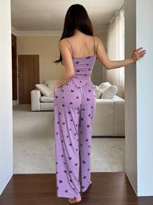 DAZY Asymmetrical All-Over Print Camisole And Relaxed Straight Leg Pajama Set - Purple - View 2