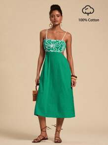 Travachic Vacation Casual Embroidered Front Cut-Out A-Line Midi Tank Dress For Women - Green - View 3
