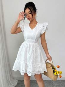 Elenzga 女式夏季露背蝴蝶结刺绣花卉印花迷你连衣裙 - 白色 - 查看 6