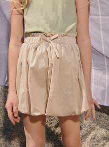 SHEIN 年轻女孩宽松休闲可爱纯色碎花花苞裙 - 杏色 - 查看 1