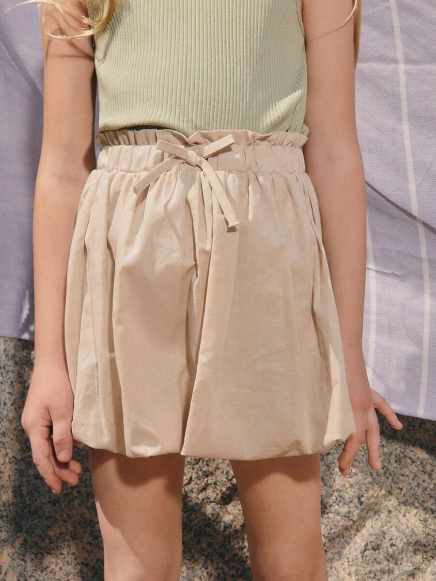 SHEIN 年轻女孩宽松休闲可爱纯色碎花花苞裙 - 杏色 - 查看 1