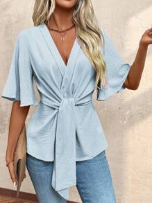 Chiquease 女式简约纯色纹理前系带衬衫，夏季 - 淺藍色 - 查看 3