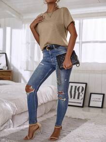 EMERY ROSE Kaos Wanita Polos Kerah Asimetris Model Batwing Lengan Pendek Kasual Longgar - Khaki - View 3