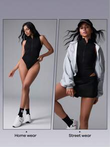 Menodora SHEIN Sport Movishi Seamless & High Stretch Women's Plain Color Knit Casual Bodysuit - Black - View 4