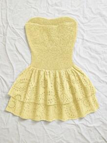 Lunelith SHEIN Lunessa Vacation Style Navy Blue Shirred Sleeveless Halter Sexy Waist Hollow Embroidered Ruffle Hem Elegant Dress