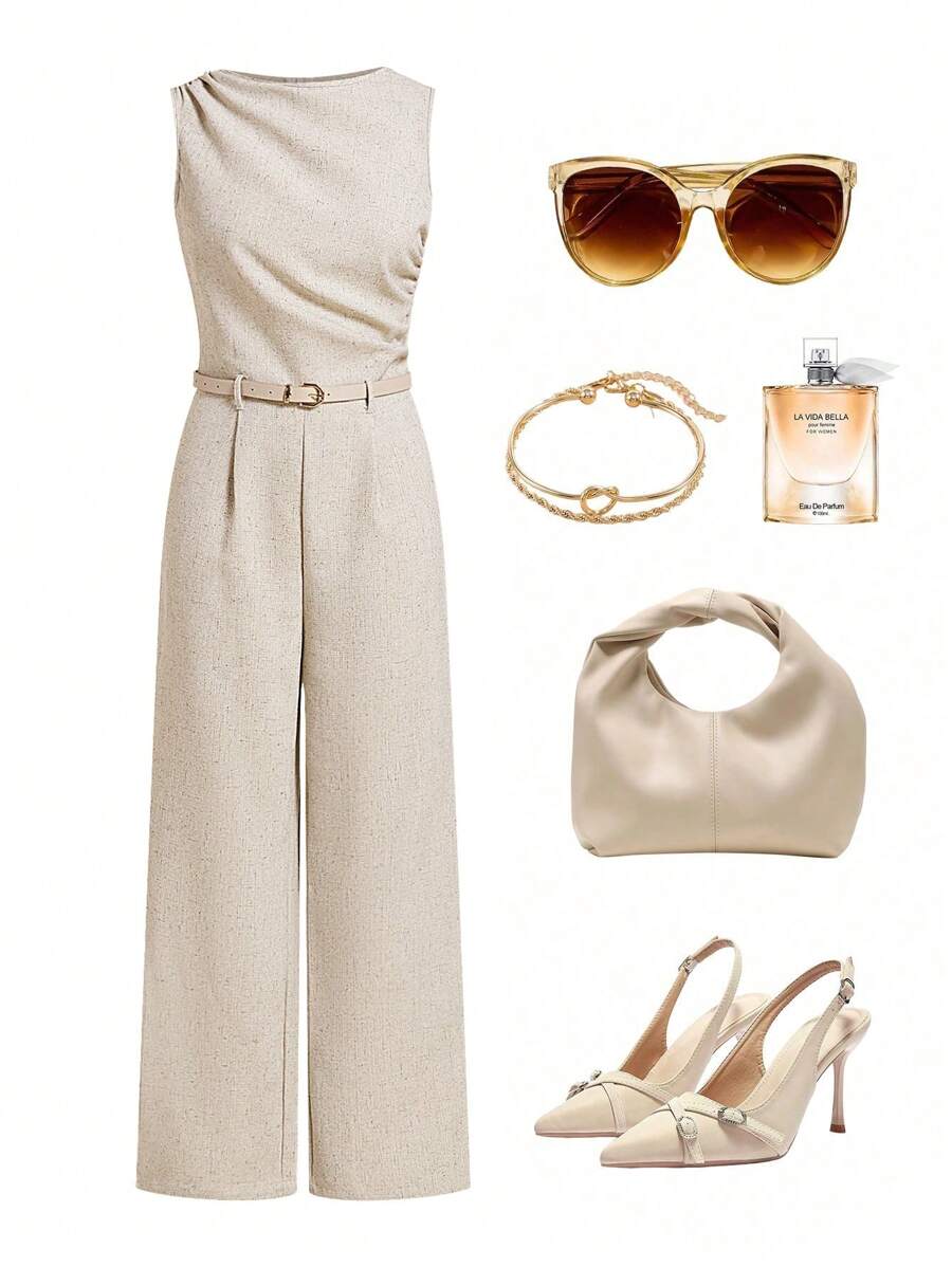 Ellevyn 1pc Women's Apricot Pleated Wide Leg Loose Jumpsuit With Belt, Casual Style,Elegant Style - Apricot - View 1