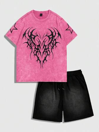 Street Life Men's Casual Contrast Color Print T-Shirt And Shorts Set, Summer