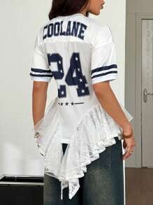Coolane Women's Summer Festival Rave Party Sport Y2K Graphics Lace Color-Blocked Baseball Jersey T-Shirt