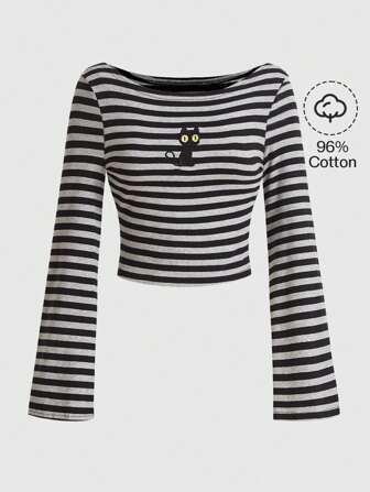 Hippie Gestreiftes T-Shirt mit Cartoon-Stickerei