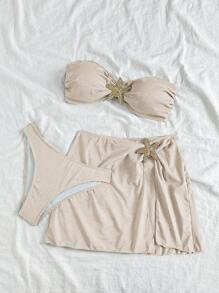 Soleia Women's Fashion Vacation Style Textured Fabric Metallic Seascape Animal Print Bandeau Bikini Set, Tube Top