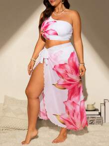 SHEIN Swim Vcay 大码女式 3 件套黑色 3D 百合花装饰单肩上衣、高腰裤、裙子比基尼套装、度假泳衣 - 白色 - 查看 1