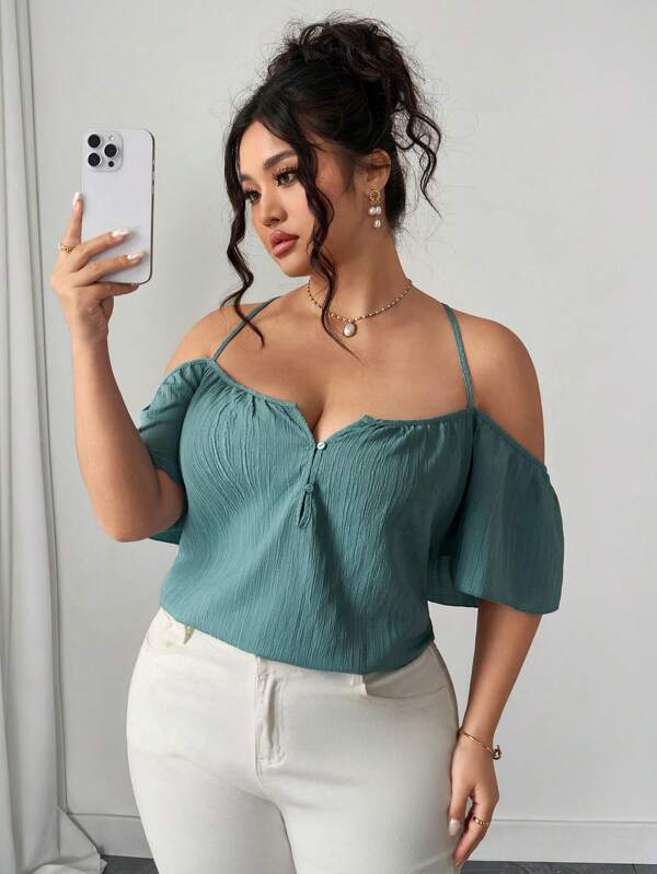 Elenzga Blusa suelta casual de tallas grandes para mujeres con lavado de onda, ajustable con tirantes tipo espagueti, decorada con botones delanteros en los hombros