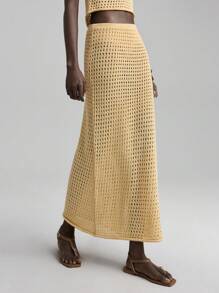 Ontre 2025 New Country Music Festival Vacation Style Khaki Elastic Waist Knitted A-Line Skirt For Women, Spring/Summer, Casual Wear Beach Clothing, Bohemian Style Vacation Wear, Summer Ins Celebrity Same Style Vacation Style, Exotic Atmosphere, Country Concert, Western Style Clothing, High-Grade Fabric, Comfortable And Breathable - Khaki - View 2