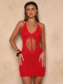 SHEIN BAE Vestido mini de unicolor con espalda abierta y recortes, apropiado para el verano - Rojo - Ver 3