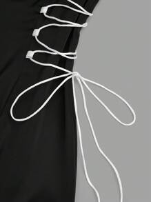 Selianne Women's Elegant White With Black A-Line Waist Accented Sleeveless Long Satin Dress - Black - View 3