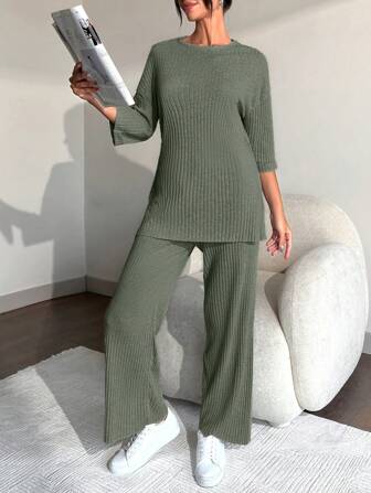 RueChic Hose & T-Shirt Drop Shoulder Schlitz am Saum,