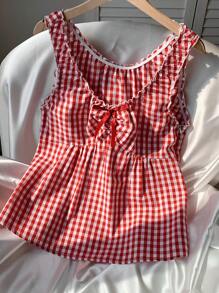SHEIN EZwear 女士夏季甜美度假风红白格子上衣，褶皱设计，带蝴蝶结装饰 - 紅色 - 查看 3