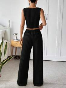 SHEIN EZwear 夏季黑色纹理针织领带吊带背心和裤子套装 - 黑色 - 查看 2