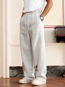 Manfinity VCAY Men's Casual Knitted Loose Ash White Straight Leg Letter Printed Pants, For Summer - Grey - View 4