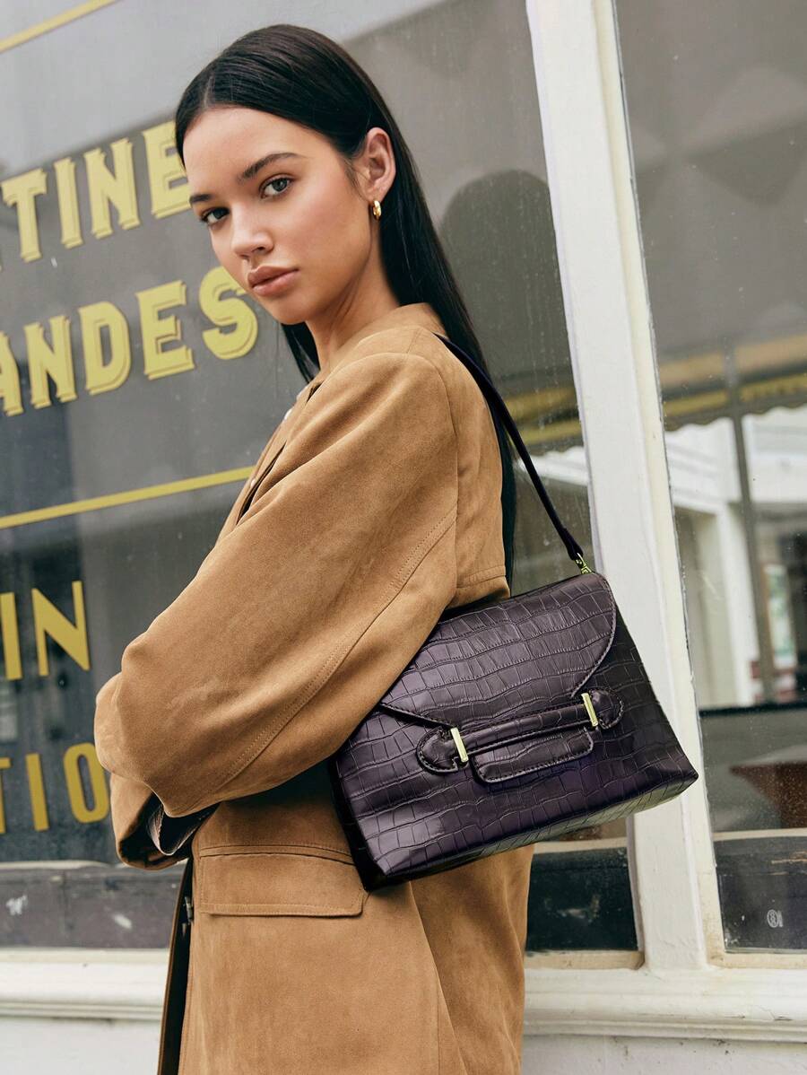 SHECARRY Women Simple Floral Print Minimalist Daily Shoulder Bag - Black - View 1