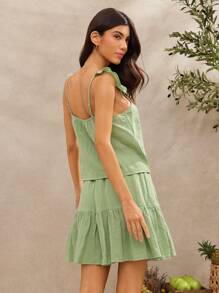 WESTFADE Sage Green 100% Cotton Gauze Two Pieces Summer Casual Vacation Holiday Outfit,Square Neck Ruffle Flutter Sleeve Top & High Waist Tiered Mini Skirt - Green - View 2