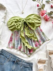 Soleia Women's Tie-Dye Ditsy Floral Asymmetrical Hem Camisole Crop Top, Suitable For Vacation, Music Festival, Bohemian, Holiday, Afternoon Tea