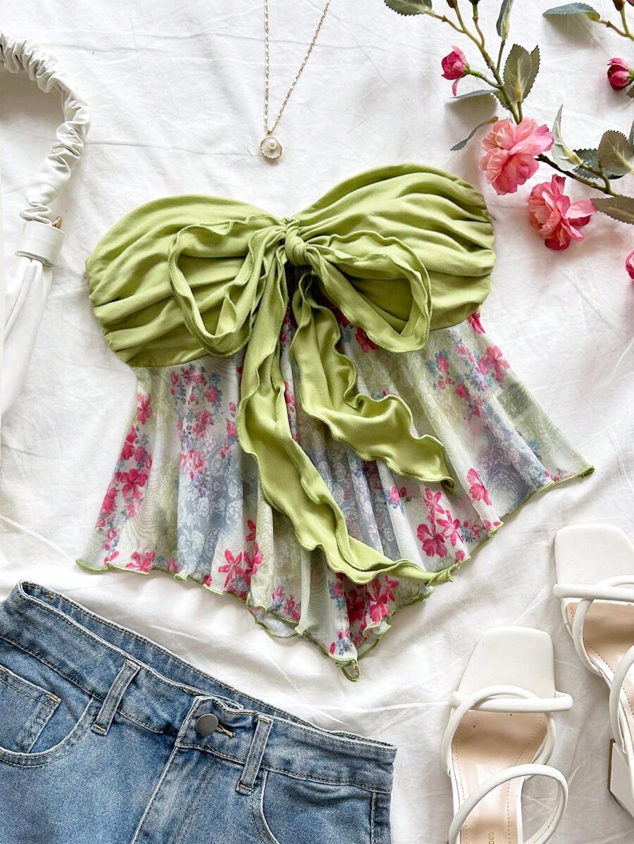 Soleia Women's Tie-Dye Ditsy Floral Asymmetrical Hem Camisole Crop Top, Suitable For Vacation, Music Festival, Bohemian, Holiday, Afternoon Tea