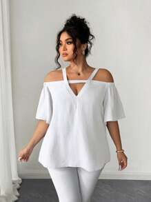 Elenzga Plus Size Solid Color Openwork Casual Vacation Short Sleeve Shirt - White - View 4