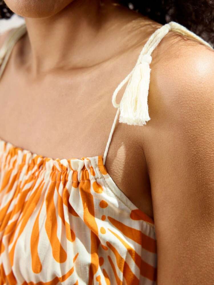 SHEIN Maija Orange Digital Print Tasseled Shoulder Strap Ruffle Hem Women Camisole, Comfortable Casual Vacation Beach Style, Versatile Music Festival
