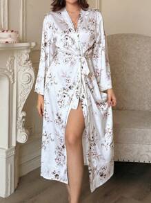 DAZY Floral Print Satin Long Robe For Women Pajama - White - View 1