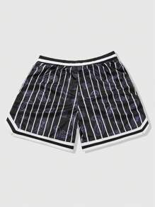 ROMWE MEN Prep Quần short nam dạo phố thường ngày với họa tiết sọc thể thao kiểu Mỹ, hoa hạt điều và số tiếng Anh - màu đen - Xem 4