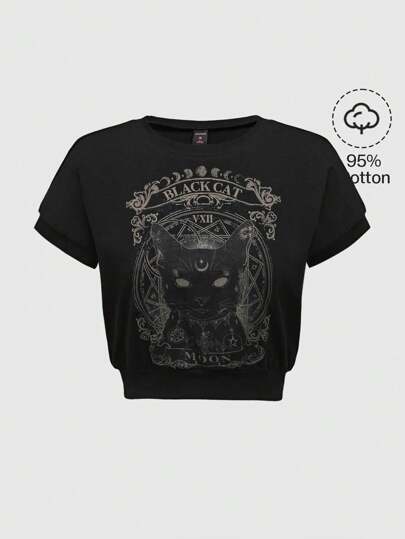 ROMWE Hippie Summer Casual Cat & Letter Graphic Tee