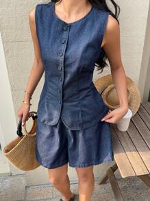 K-Vae Conjunto de mujer de denim, chaleco y pantalones cortos de ajuste ceñido, azul, conjunto casual de abrigo y jeans holgados de denim para mujer, chaleco de denim de mujer de una hilera y pantalones cortos, conjunto de 2 piezas de blusa de denim sin espalda y pantalones cortos para festivales/Nashville/Ibiza, elegante, ropa de mujer bohemia/boho, vaquera, atuendo para brunch, regalo del Día de la Madre - Azul - Ver 5