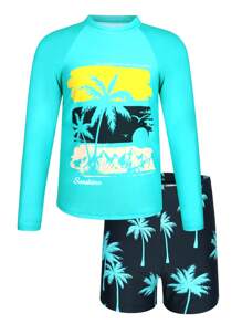 SHEIN Tween Boy Graphic Print Long Sleeve Rashguard And Allover Print Swim Trunks 2 Pieces Set Swimsuits For Tweens Long Sleeve Teen Swim Suits Long Sleeves Rashguard Kids Tween Swim Suits With Sleeves Boy Beach Outfits