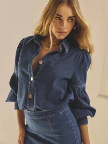 Aralina 靛蓝色牛仔泡泡袖纽扣休闲西部衬衫 - 中等水洗藍 - 查看 2