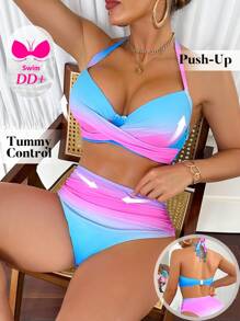 Swim DD+ Gradient Push-Up Bikini Swimsuit Set With Underwire, For Beach & Holiday - Multicolor - View 1