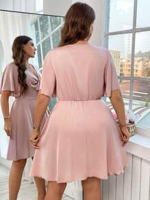 Celure 大码女式蝴蝶结肩带荷叶边袖连衣裙 - 粉色 - 查看 2