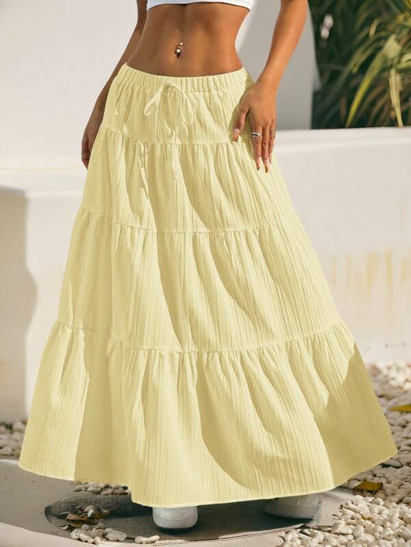 SHEIN EZwear Women's Solid Color Waist-Tie Ruffle Hem Maxi Textured Skirt, Summer,Butter Yellow