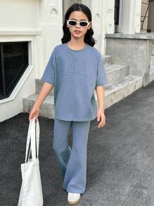 2pcs/Set Tween Girls 3D Letter Print Loose Casual Raglan Tee & Flared Pants Set - Dusty Blue - View 5