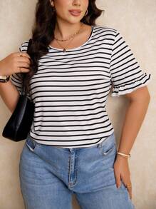 Elaquor Plus Size Boho Striped Print Tee, For Summer - Black and White - View 1