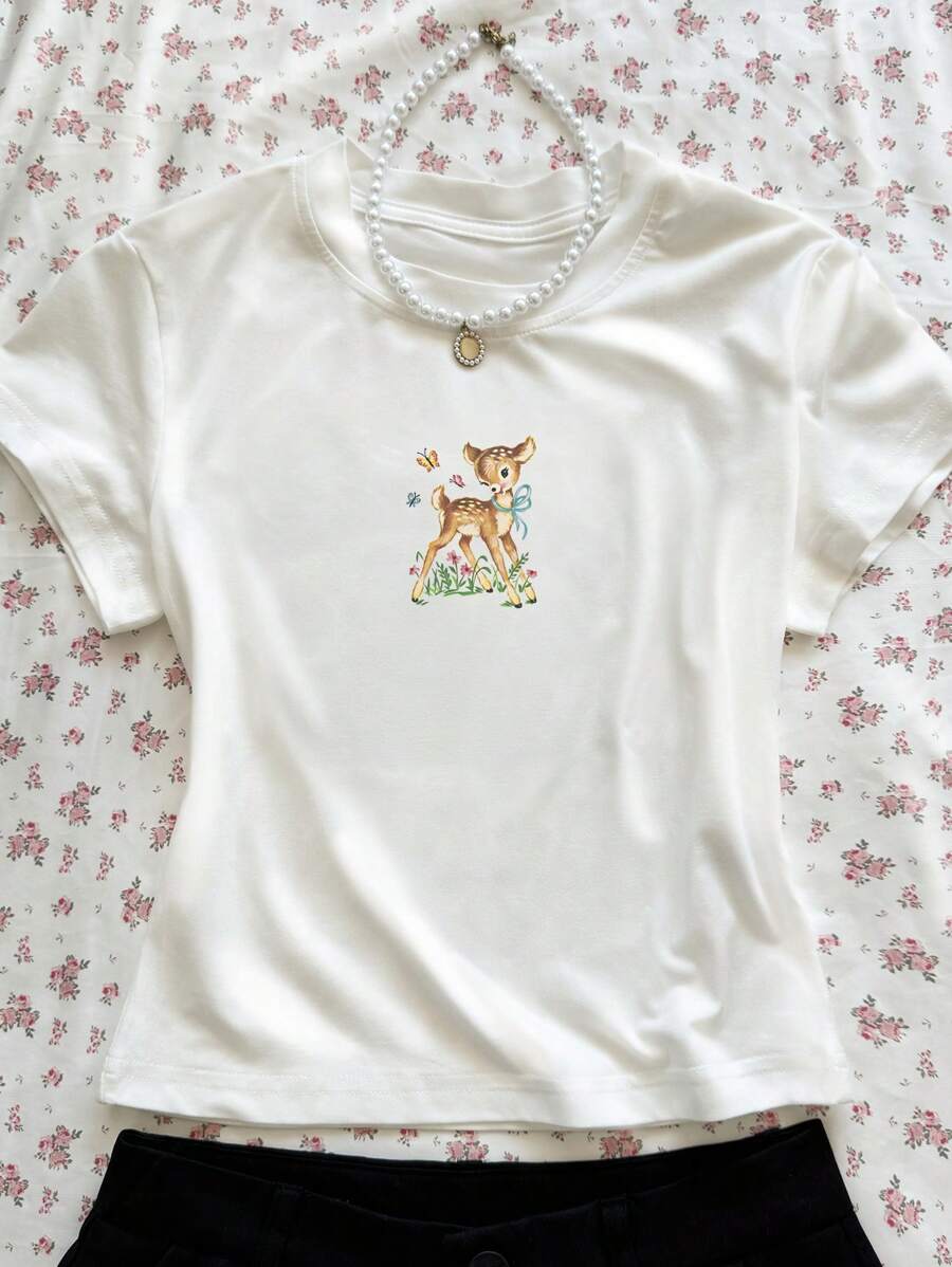 SHEIN EZwear 女士休闲卡通鹿印花圆领短袖 T 恤 - 白色 - 查看 1