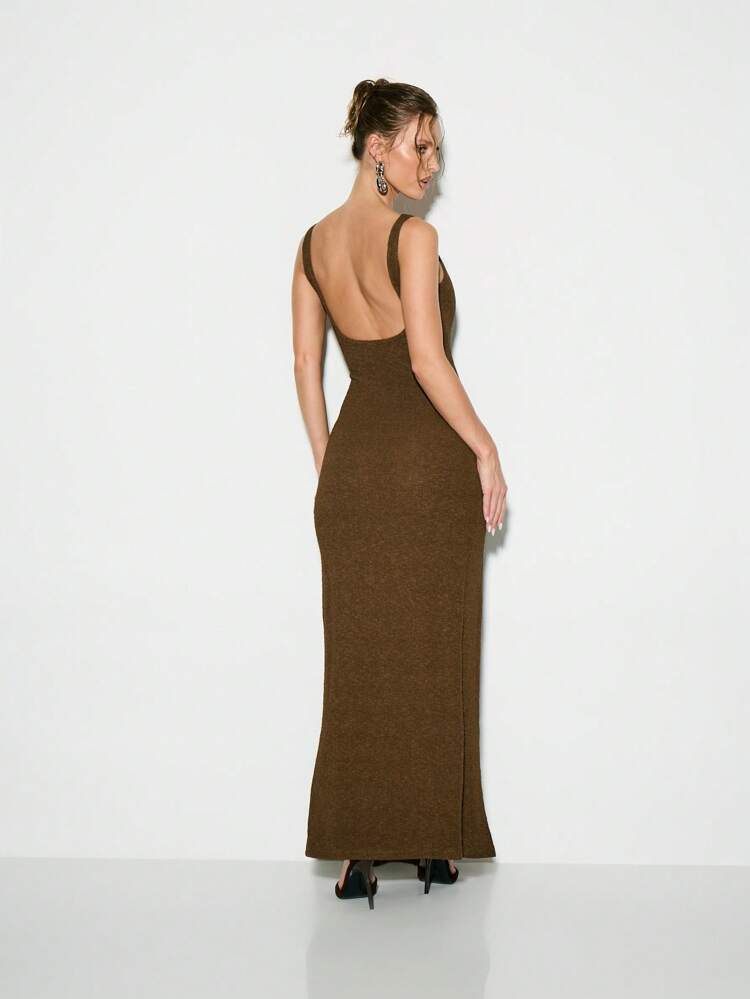 KIZN Vestido de noche largo de punto, cuello cuadrado, maxifalda, lateral fruncido, abertura hasta el suelo, sin mangas, ajustado, elegante, formal, para fiesta, boda o invitado en otoño e invierno