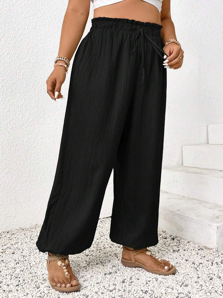 SHEIN Frenchy Plus Size Solid Color Paper Bag Waist Tied Casual Wide Leg Pants