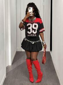 Slaydiva V-Neck Casual Letter Print Patchwork Sports Oversized Knit T-Shirt, Multi-Color - Multicolor - View 8