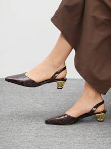 CUCCOO BIZCHIC Brown Textured Stone Pattern Women's Square Toe Electroplated Heel Fashion Pumps - Brown - View 1