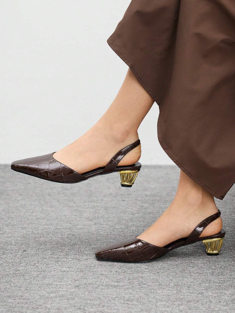 CUCCOO BIZCHIC Brown Textured Stone Pattern Women's Square Toe Electroplated Heel Fashion Pumps - Brown - View 1