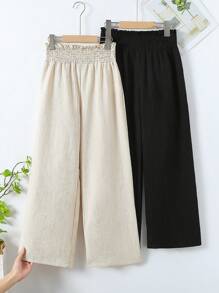 Wildeya 2pcs/Set Girls' Casual Wide Leg Pants With Ruffle Hem, Suitable For Vacation, Travel, Daily Wear