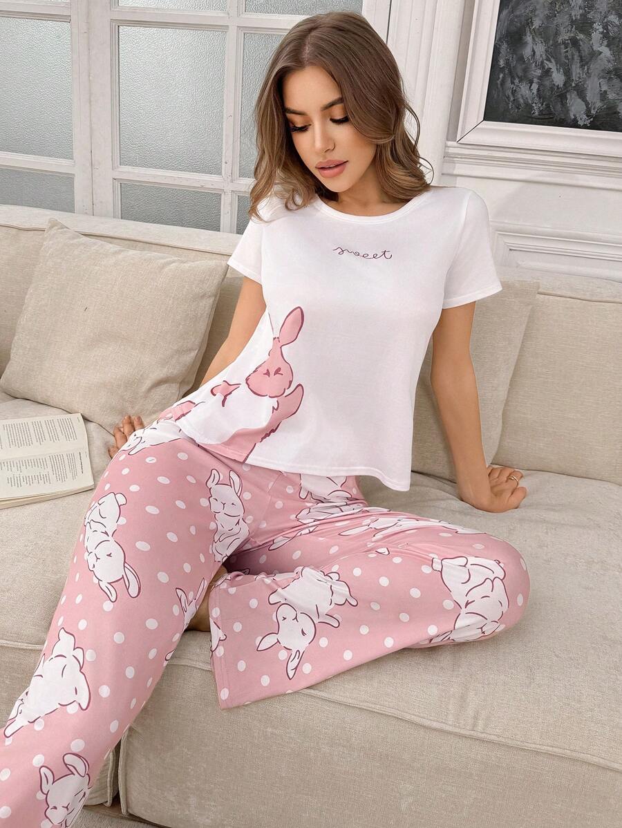 SHEIN Cute Rabbit And Letter Print Casual Women Pajama Set - Pink - View 1
